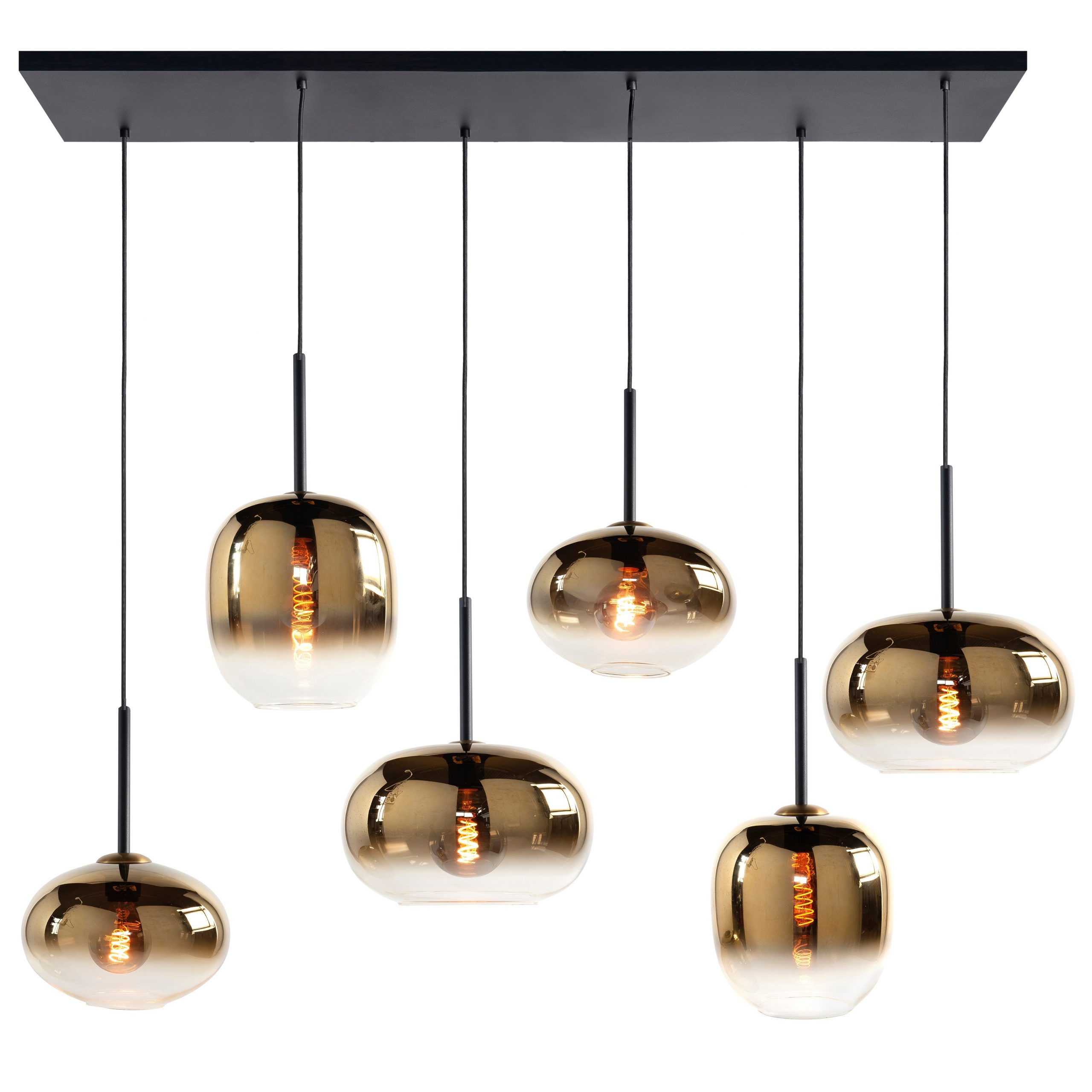 Hanglamp Highlight Bellini 6l Zwart 120x35cm Met 6 Semi Gouden Glazen